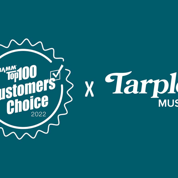 2022 NAMM Top 100 Customers' Choice Logo & Tarpley Music Logo on a teal background