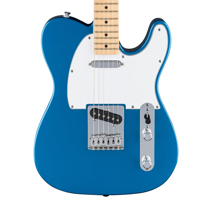 Close-up front view of a 2025 Fender Standard Series electric guitar in Aqua Marine Metallic. The body has a glossy blue finish with a white pickguard, maple fretboard, and classic Telecaster-style bridge with single-coil pickups.