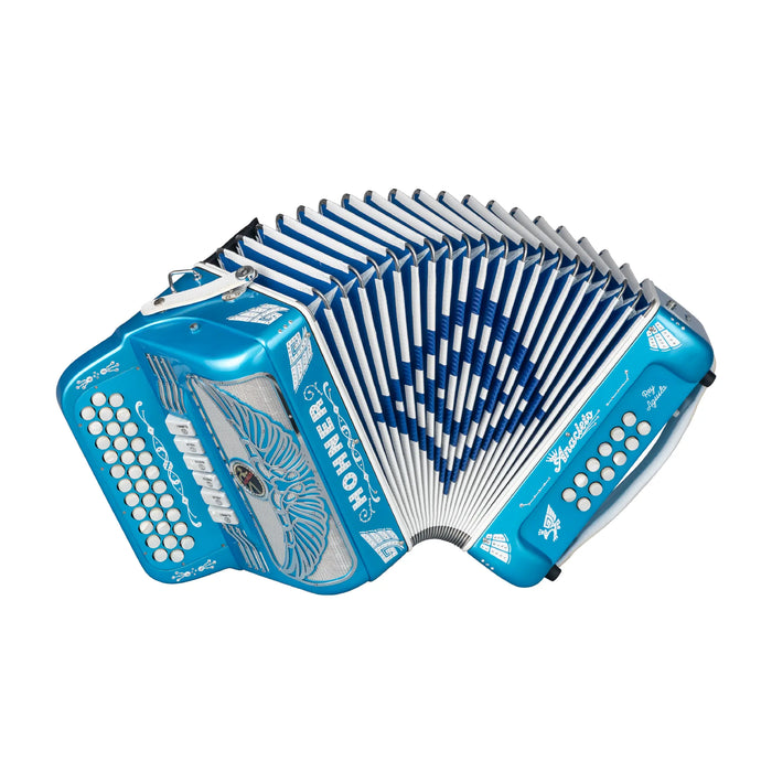 Hohner Anacleto Ray Águila Two-Tone Compact Diatonic Button Accordion - Keys of F/Bb/Eb & G/C/F - Blue Metallic & White