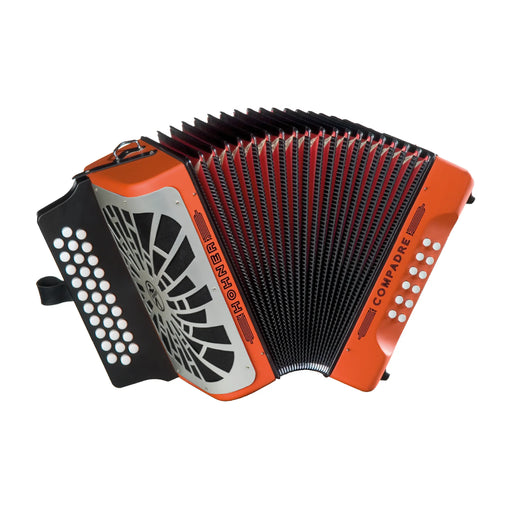 An orange and black Righi Compadre accordion shown from a three-quarters angle on a solid white background.