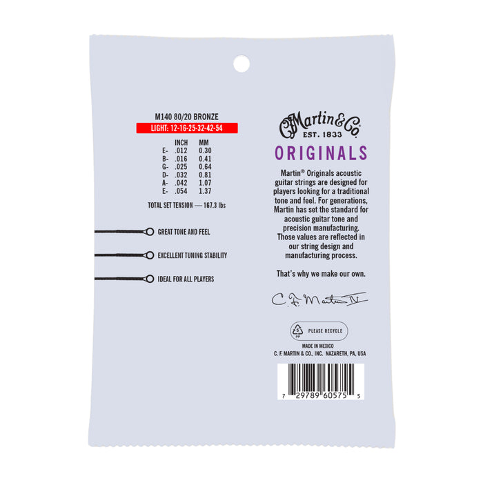Martin M140 Origianl Acoustic Guitar Strings - 80/20 Bronze - .012-.054 Light