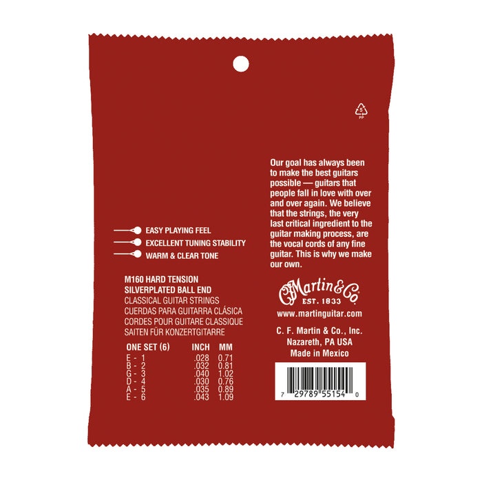 Martin M160 Classical Nylon Ball End Guitar Strings - 80/20 Bronze - .028-.043 Hard Tension