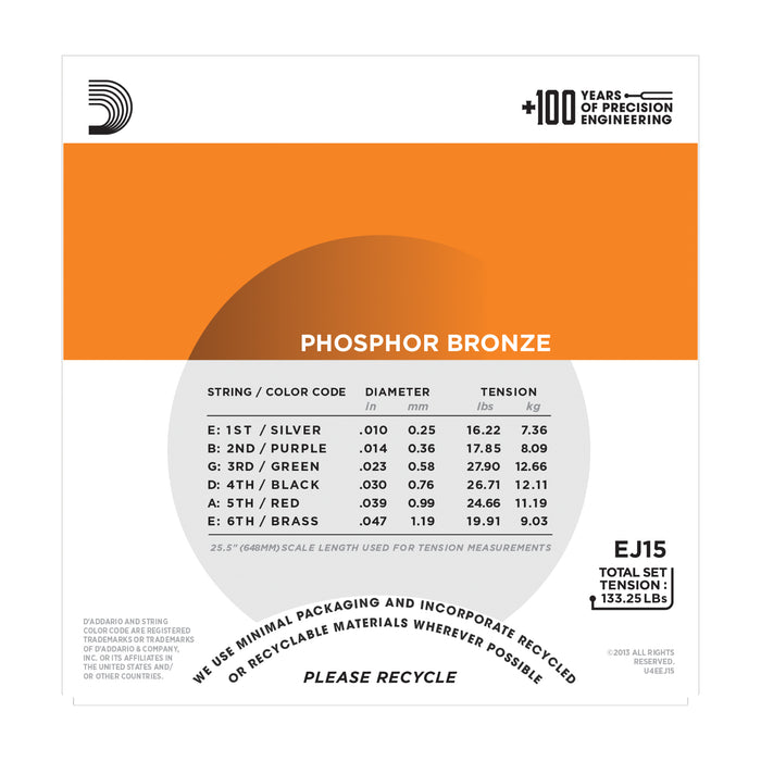 D'Addario EJ15 Phosphor Bronze, Extra Light, 10-47 - Tarpley Music Company, Inc.