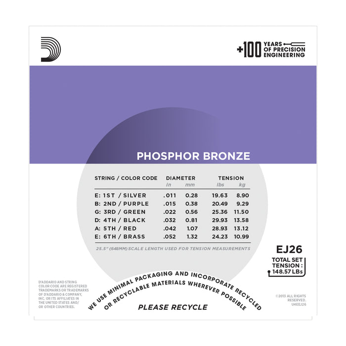 D'Addario EJ26 Phosphor Bronze, Custom Light, 11-52 - Tarpley Music Company, Inc.