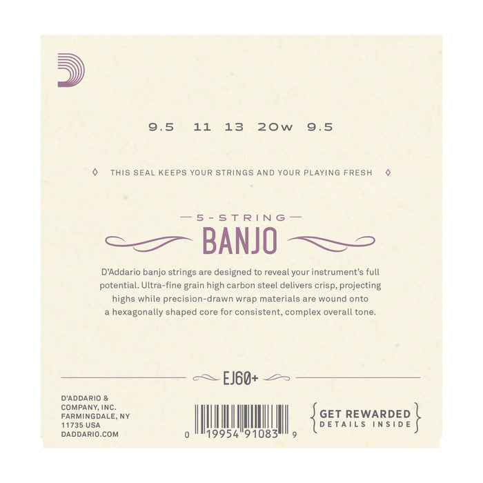 D'Addario EJ60+ 5-String Banjo, Nickel, Light Plus, 9.5-20 - Tarpley Music Company, Inc.