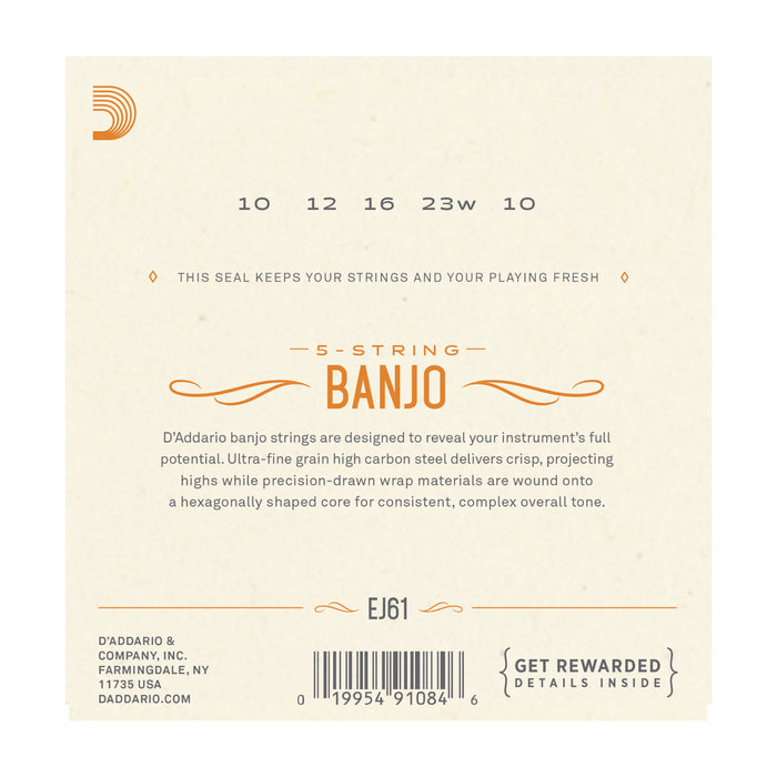 D'Addario EJ61 5-String Banjo, Nickel, Medium, 10-23 - Tarpley Music Company, Inc.