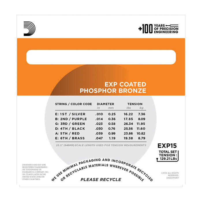 D'Addario EXP15 Coated Phosphor Bronze, Extra Light, 10-47 - Tarpley Music Company, Inc.