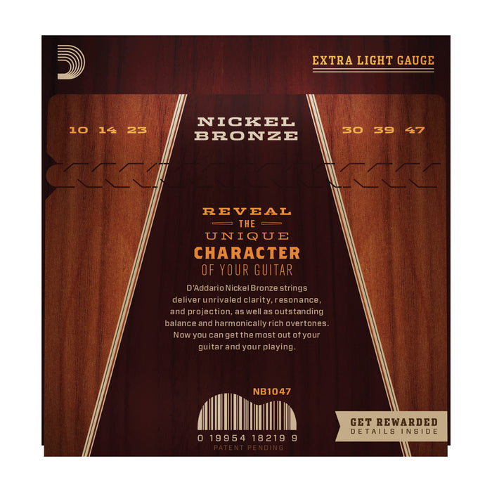 D'Addario NB1047 Nickel Bronze Acoustic Guitar Strings, Extra Light, 10-47 - Tarpley Music Company, Inc.