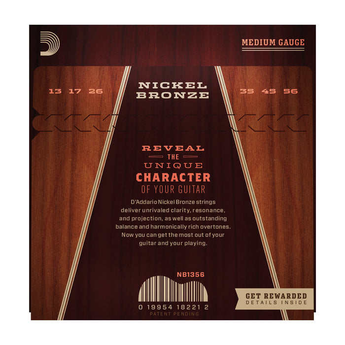 D'Addario NB1356 Nickel Bronze Acoustic Guitar Strings, Medium, 13-56 - Tarpley Music Company, Inc.